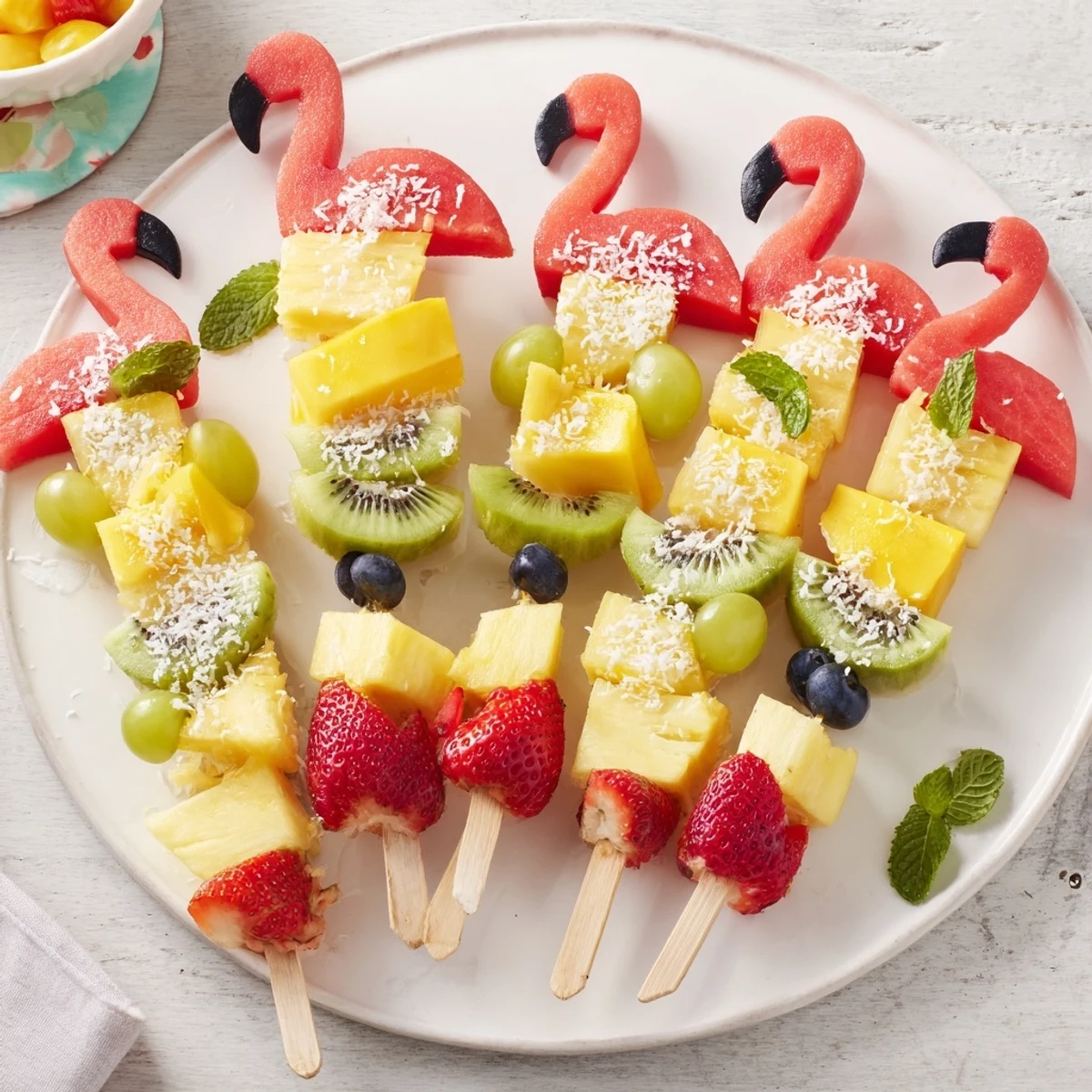 Vibrant Flamingo Fruit Skewer Platter, a delightful arrangement of colorful tropical fruit on skewers.