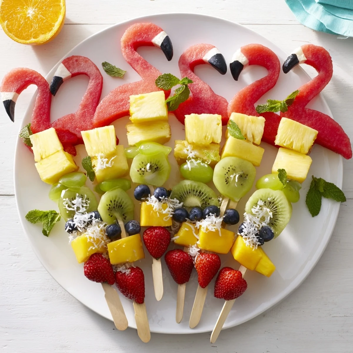 Refreshing Flamingo Fruit Skewer Platter, bursting with juicy pineapple, mango, and watermelon; a perfect treat.
