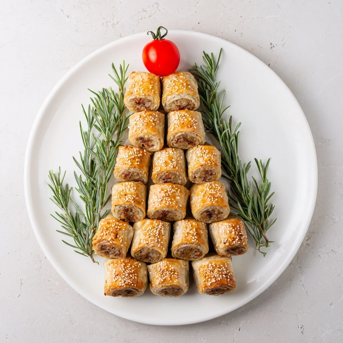 A golden-brown Christmas tree made of savory mini sausage rolls, perfect for any holiday appetizer display.
