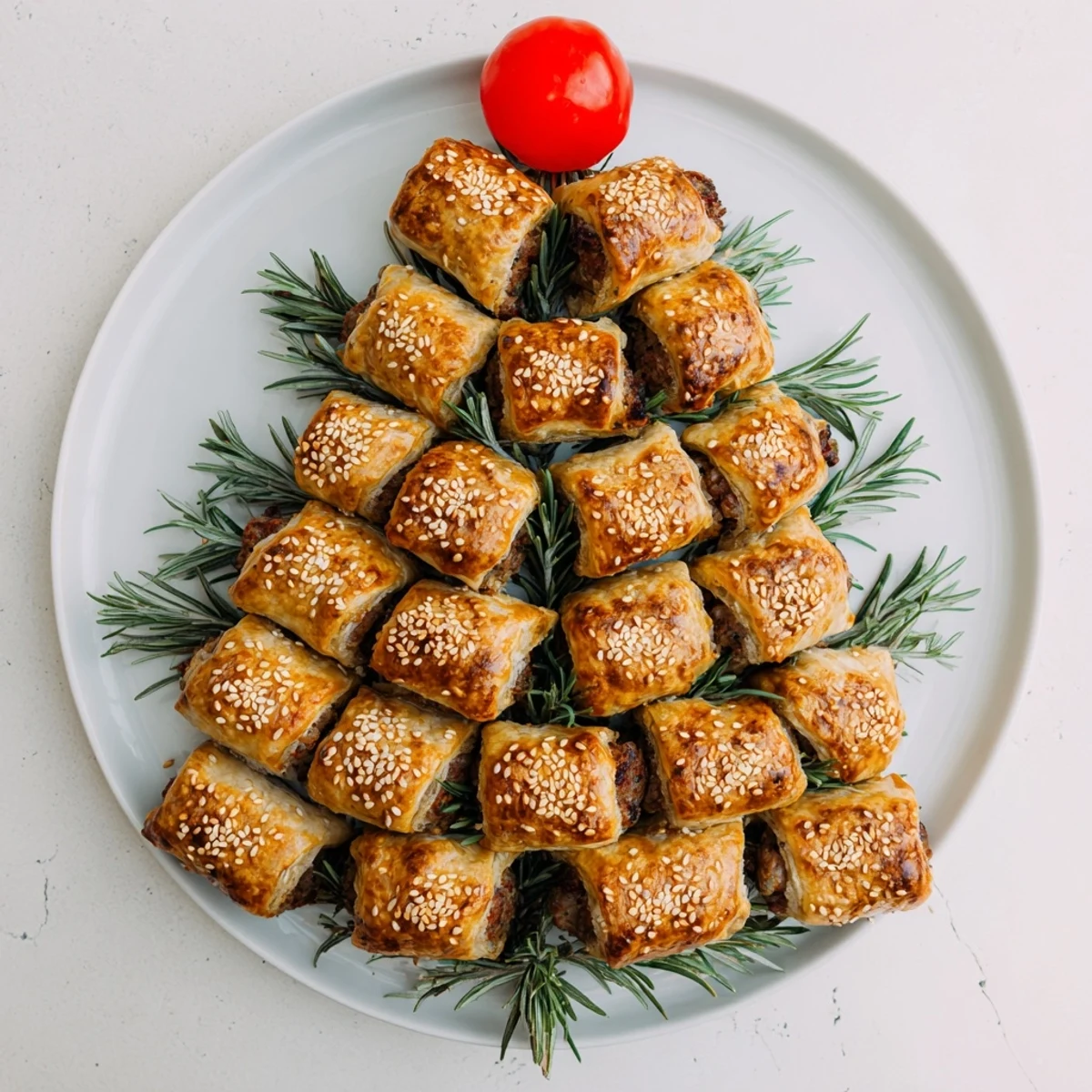 Freshly baked mini sausage rolls arranged like a festive tree, ready to serve with honey mustard dipping sauce.