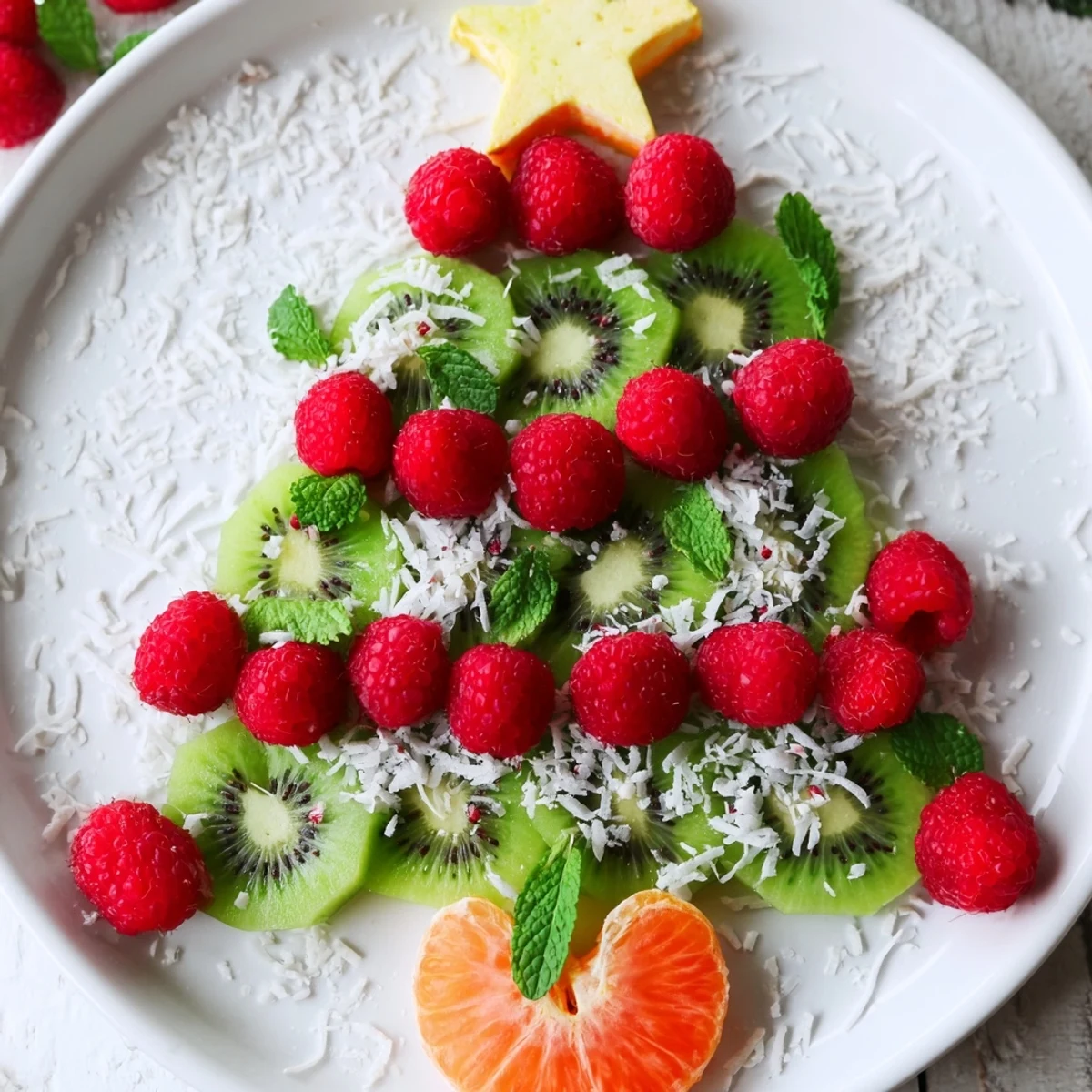 Vibrant arrangement of kiwi and raspberries creates a beautiful Christmas tree fruit plate for a festive dessert.