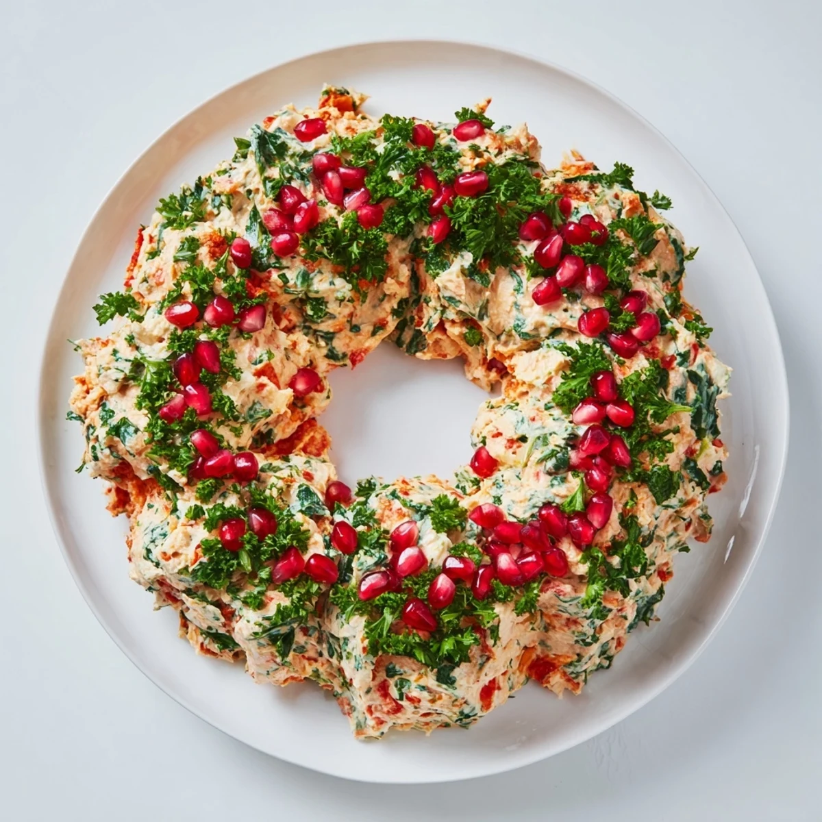 Creamy red pepper and spinach dip wreath, a beautiful holiday appetizer garnished with parsley and bright pomegranates.