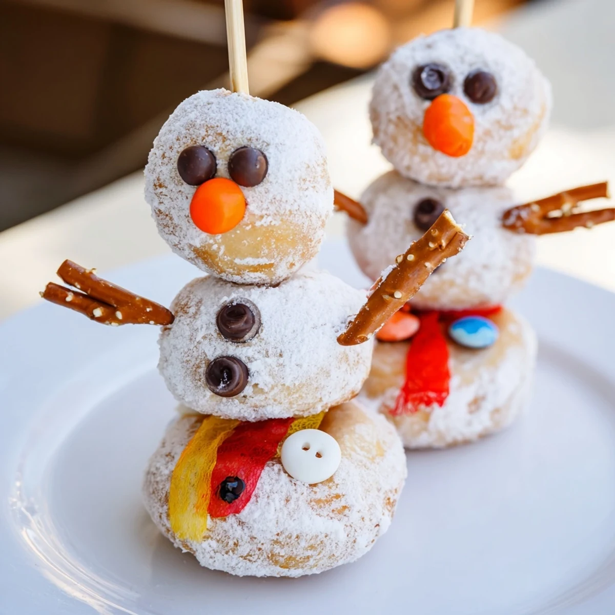 These adorable Mini Donut Snowman treats offer a snowy winter scene with pretzel arms and candy faces.