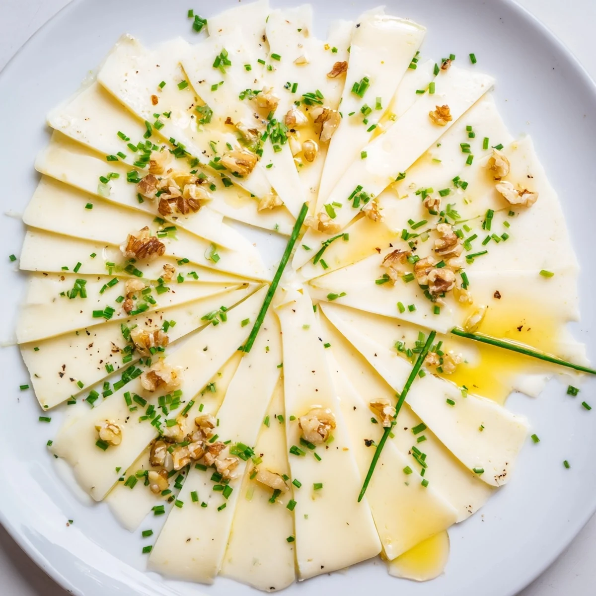 Artfully fanned Swiss cheese slices, sprinkled with chives, a quick and elegant appetizer.