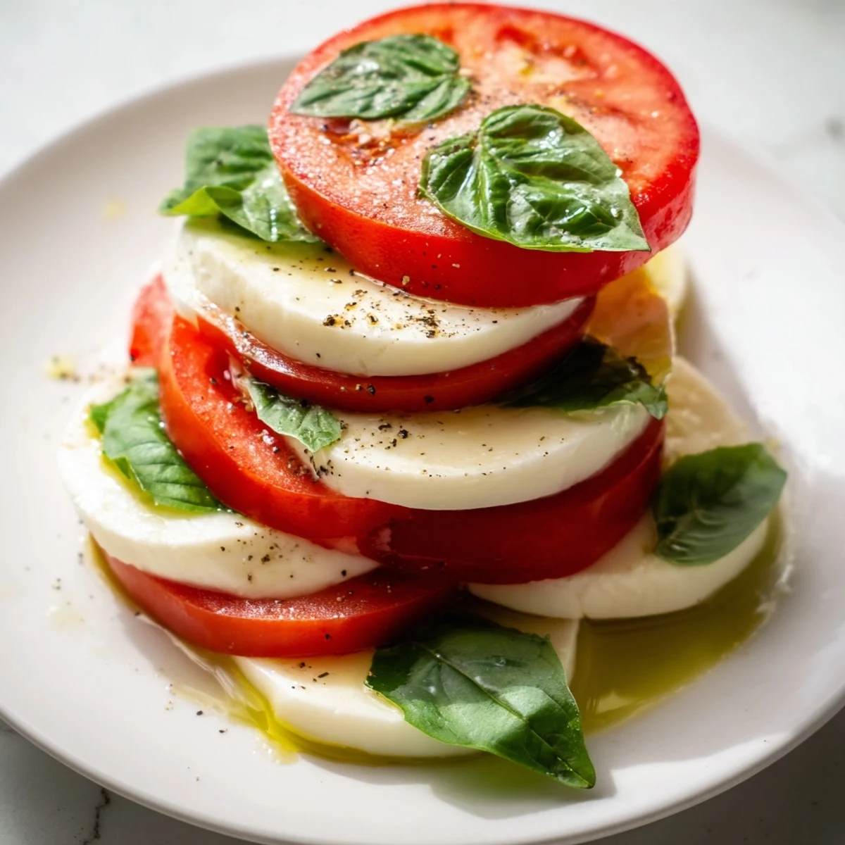 Bright red Sliced Tomatoes and Mozzarella Rounds, drizzled olive oil, perfect for summer eating.