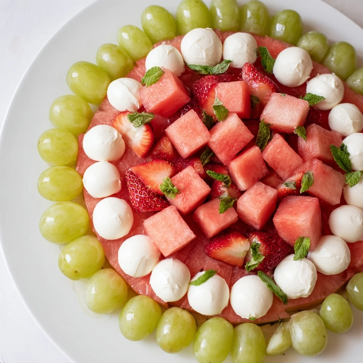 Refreshing summer watermelon slice platter with mozzarella cheese and a vibrant, fruity display ready.