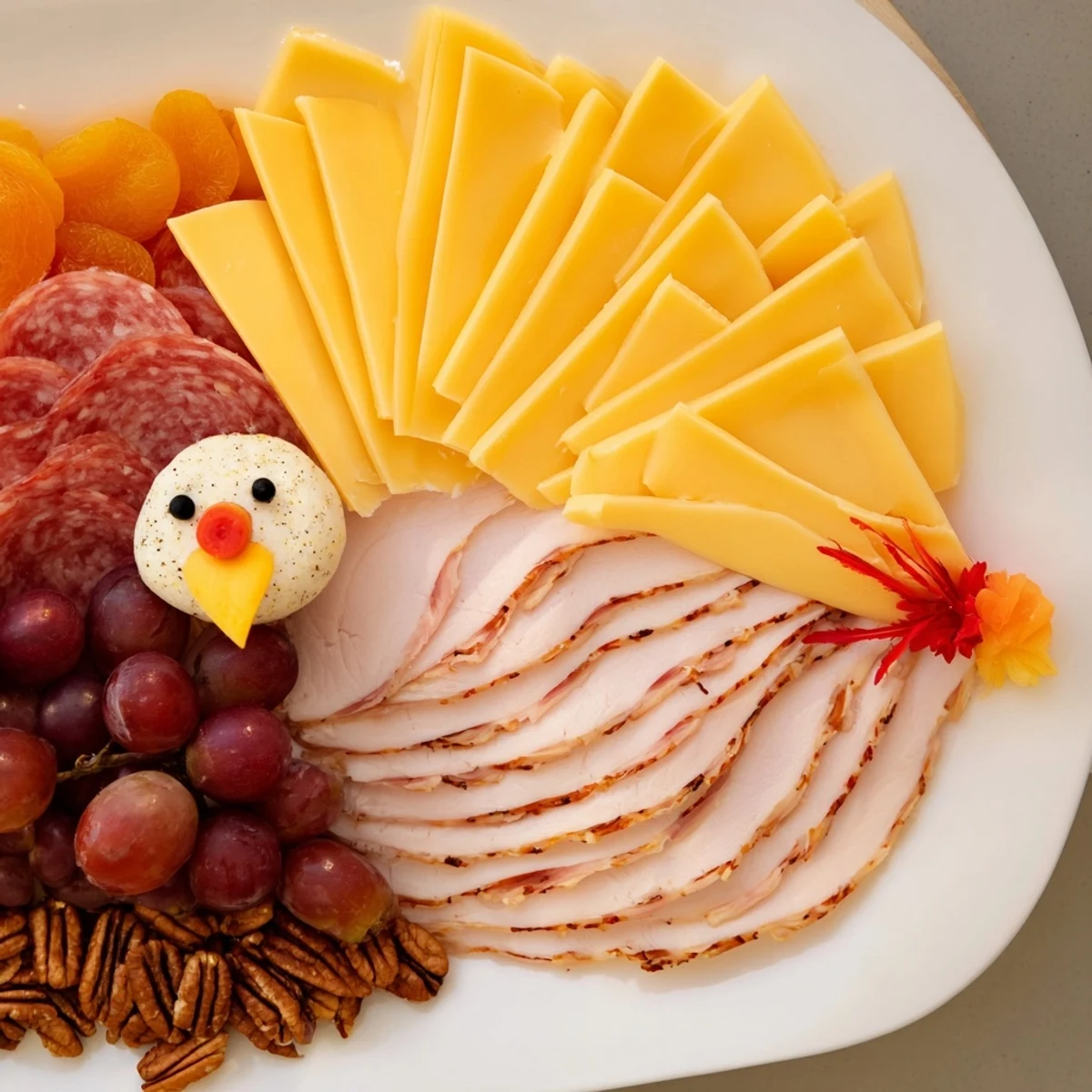 This beautiful The Turkey Tail appetizer includes colorful fruit and crackers, perfect for elegant holiday parties.