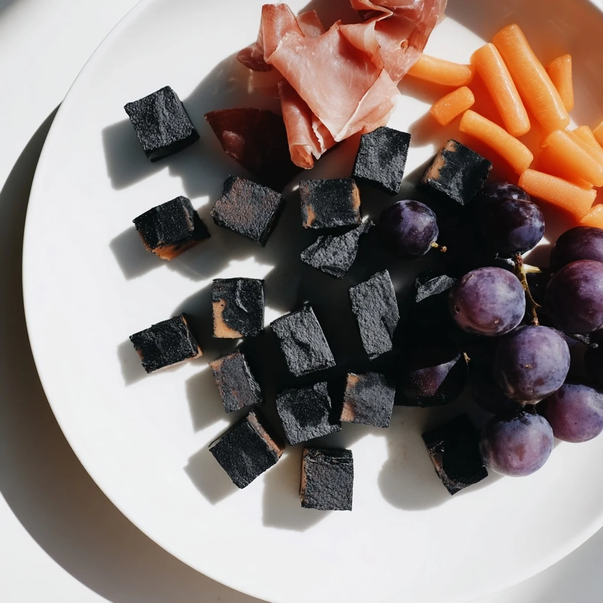 A Halloween charcuterie board creates a ghostly silhouette with black cheese and fruit, deliciously spooky.
