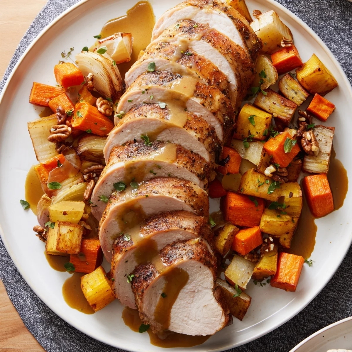 Savory Chains of the Mayflower recipe featuring perfectly sliced turkey and colorful roasted vegetables, ready to serve.