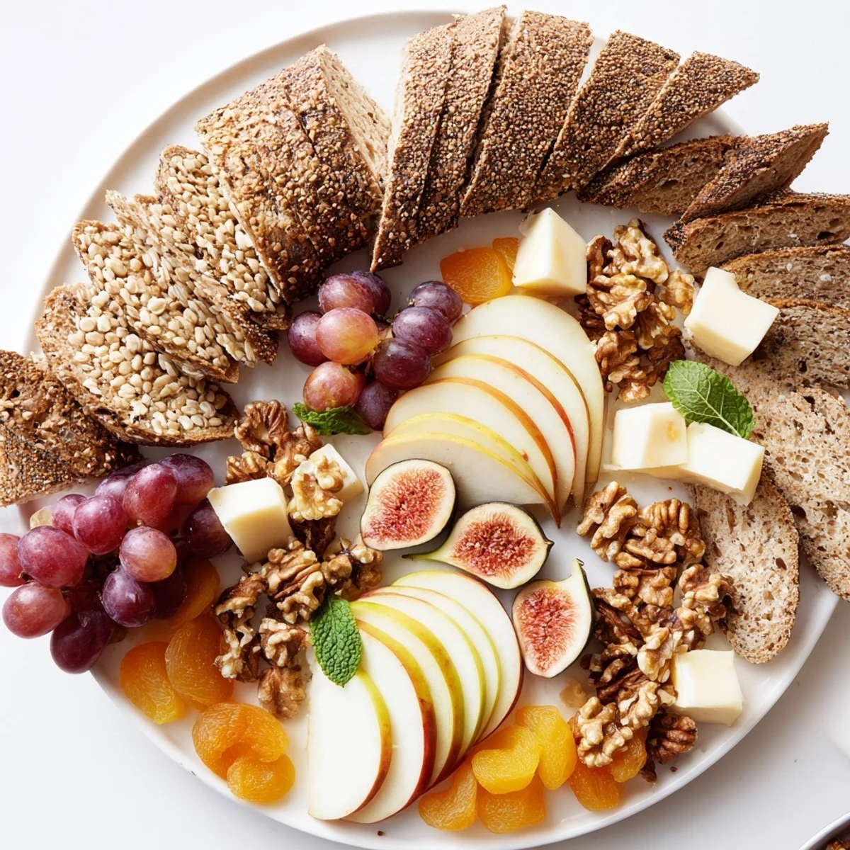 Elegant Harvest Scythe bread and fruit platter, overflowing with fresh breads, fruits, and grains.