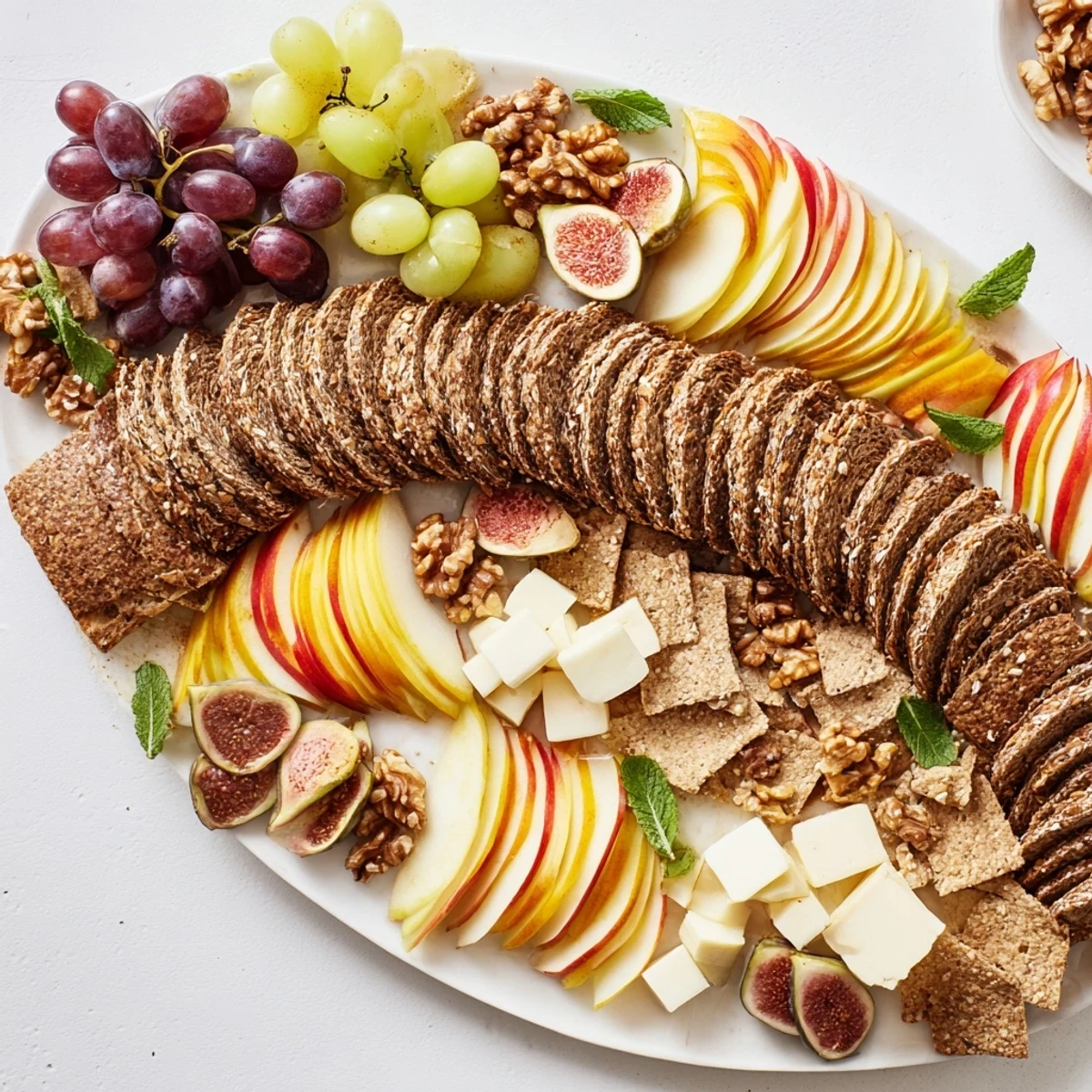 A colorful Harvest Scythe presentation: sliced breads, lovely fruit, and grains for a delicious snack.