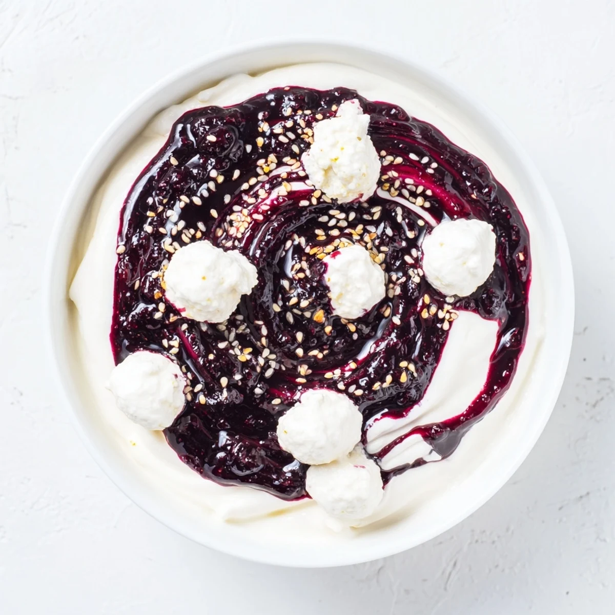 Creamy Galaxy Spiral dessert served, featuring dark jam spirals, studded with sesame "stars," and goat cheese.