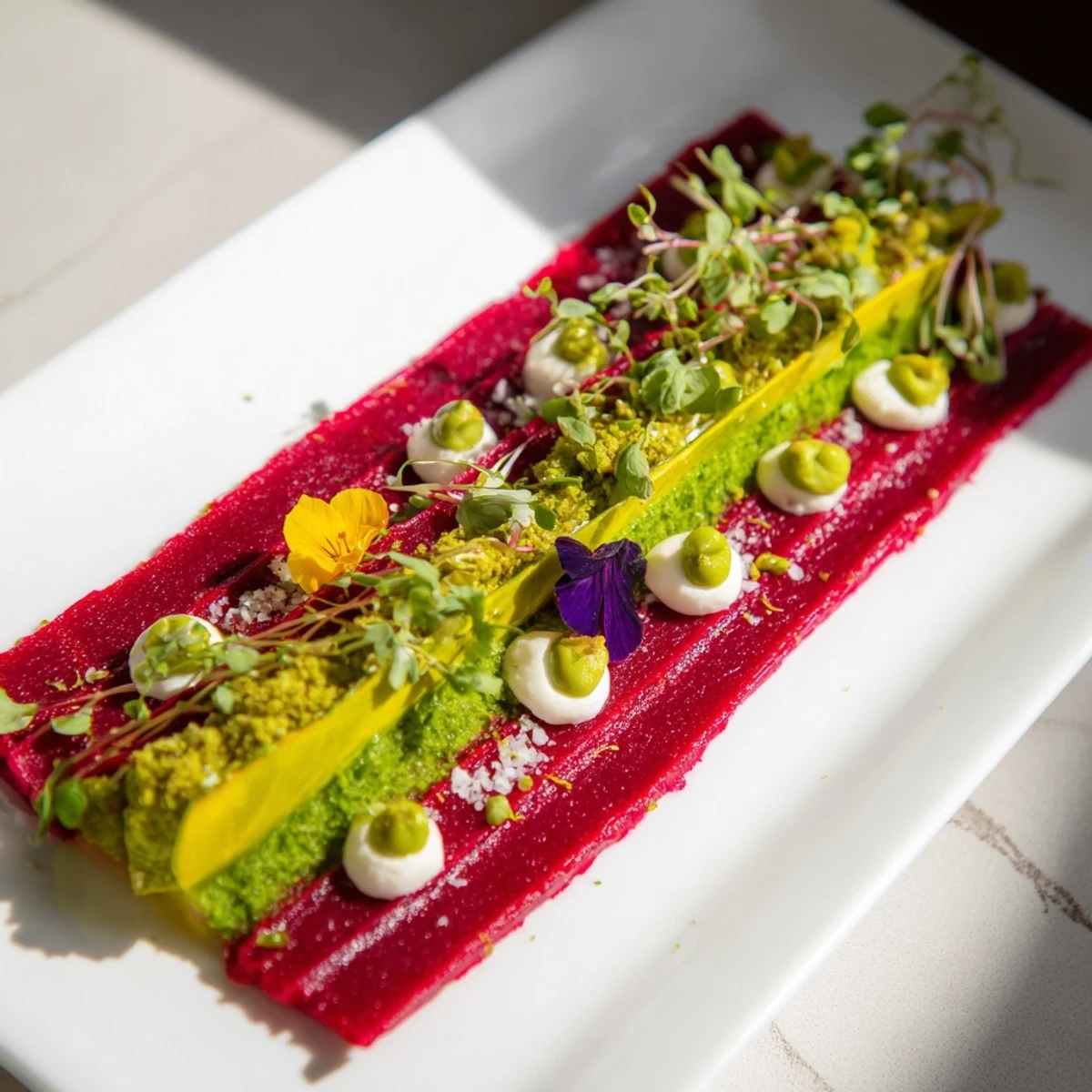 The Modernist Stripe features a vivid beet purée stripe with carrot, ginger, and avocado, garnished to impress.