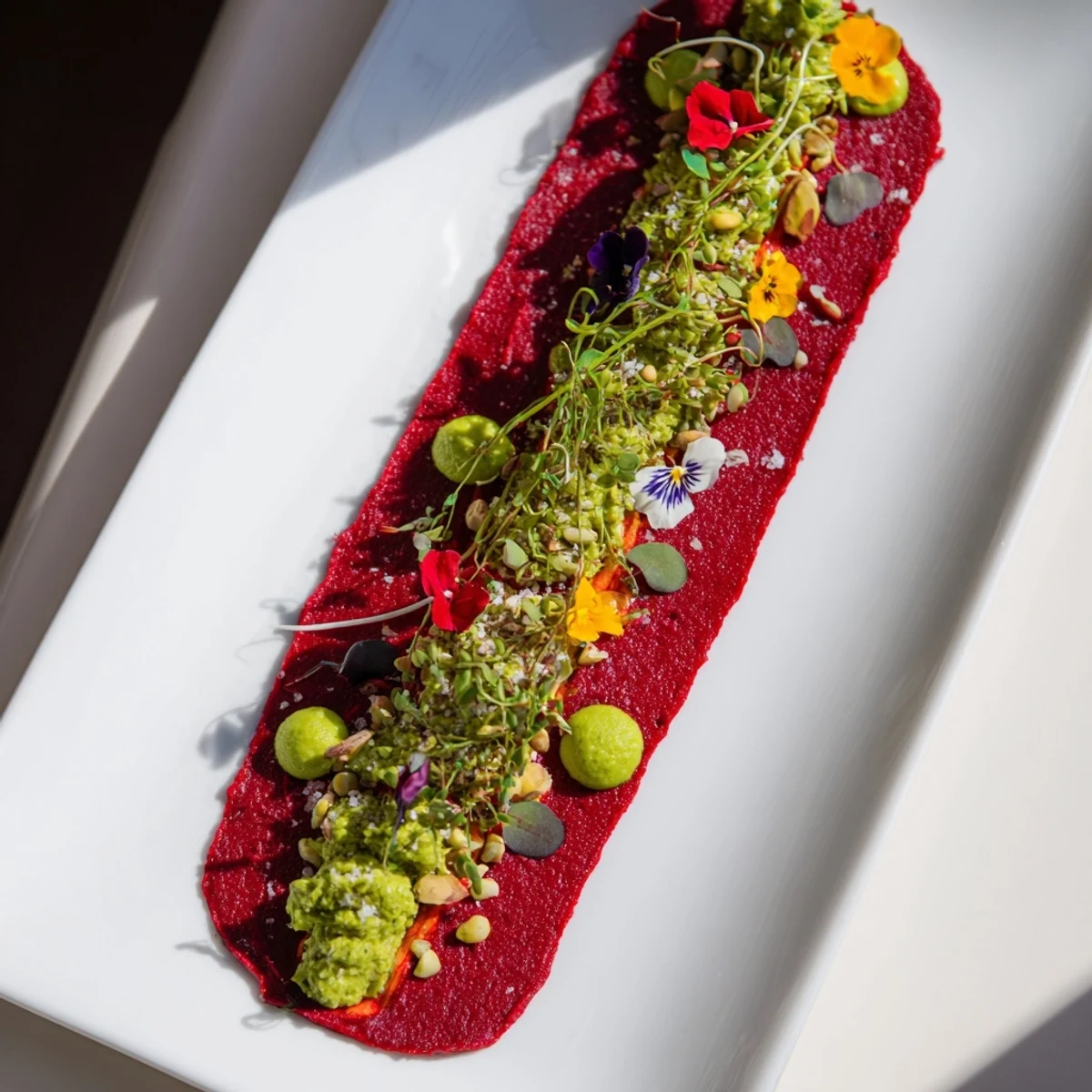 A striking shot of The Modernist Stripe with layers of colorful vegetable purées elegantly arranged for serving.