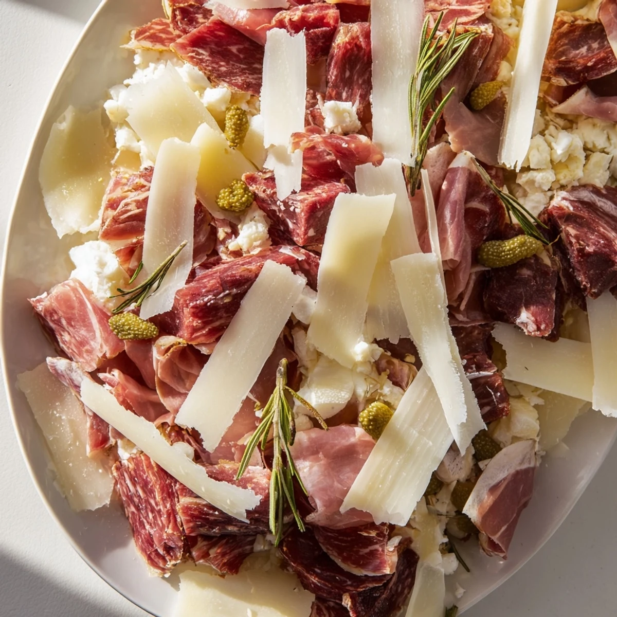 This beautiful Burlap & Lace platter showcases cured meats, with shaved cheeses and garnishes ready to serve.