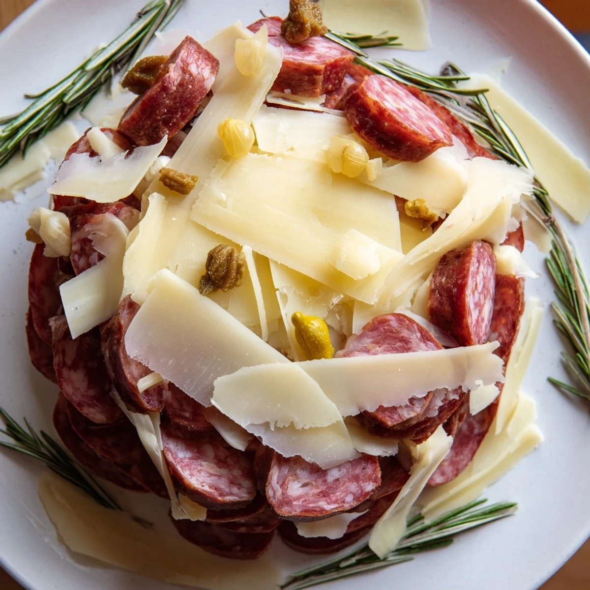 A rustic Burlap & Lace arrangement: smoky sausage, ham and cheeses invite a flavorful appetizer experience.