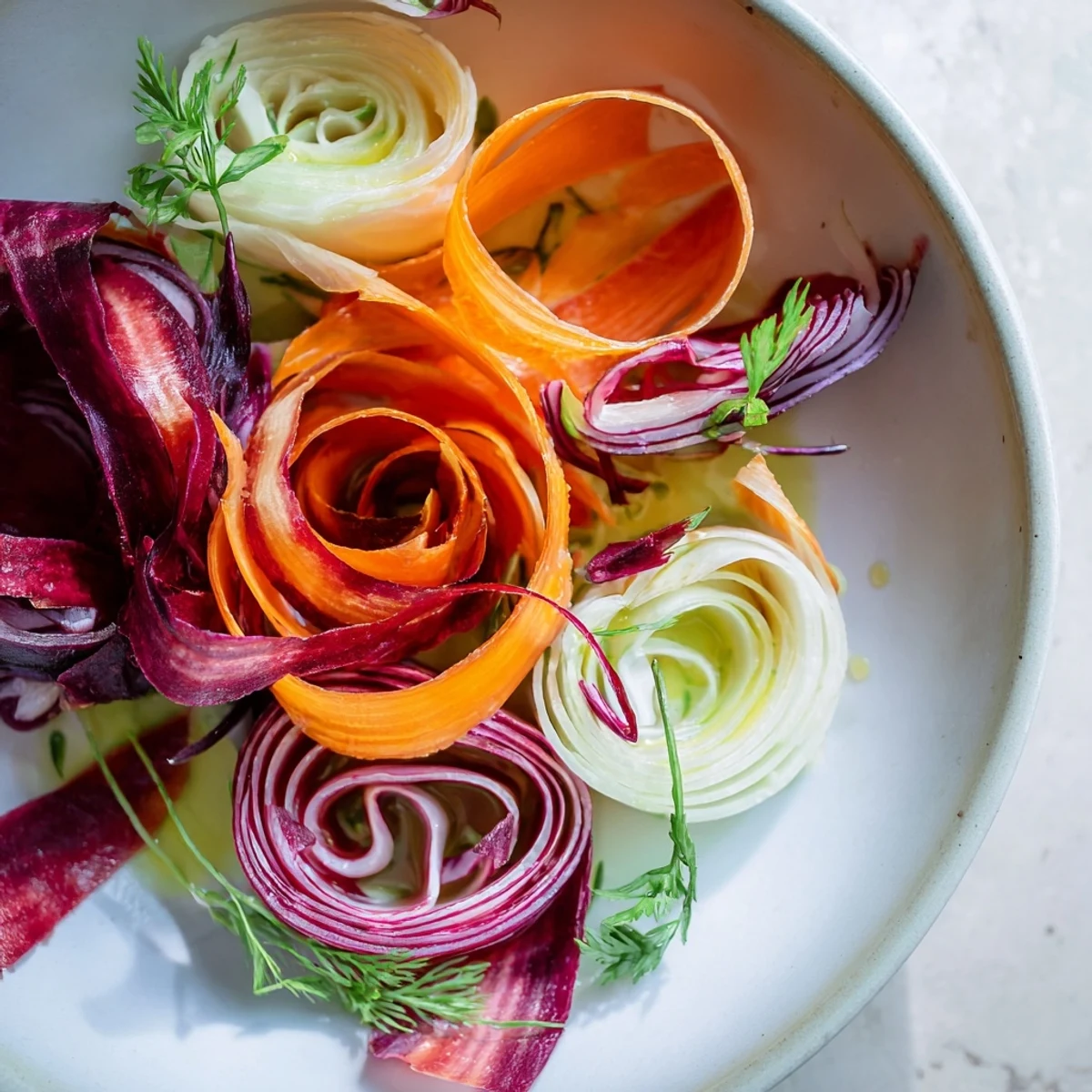 The Spinning Top Salad features artfully arranged, vibrant vegetable ribbons with fresh herbs.