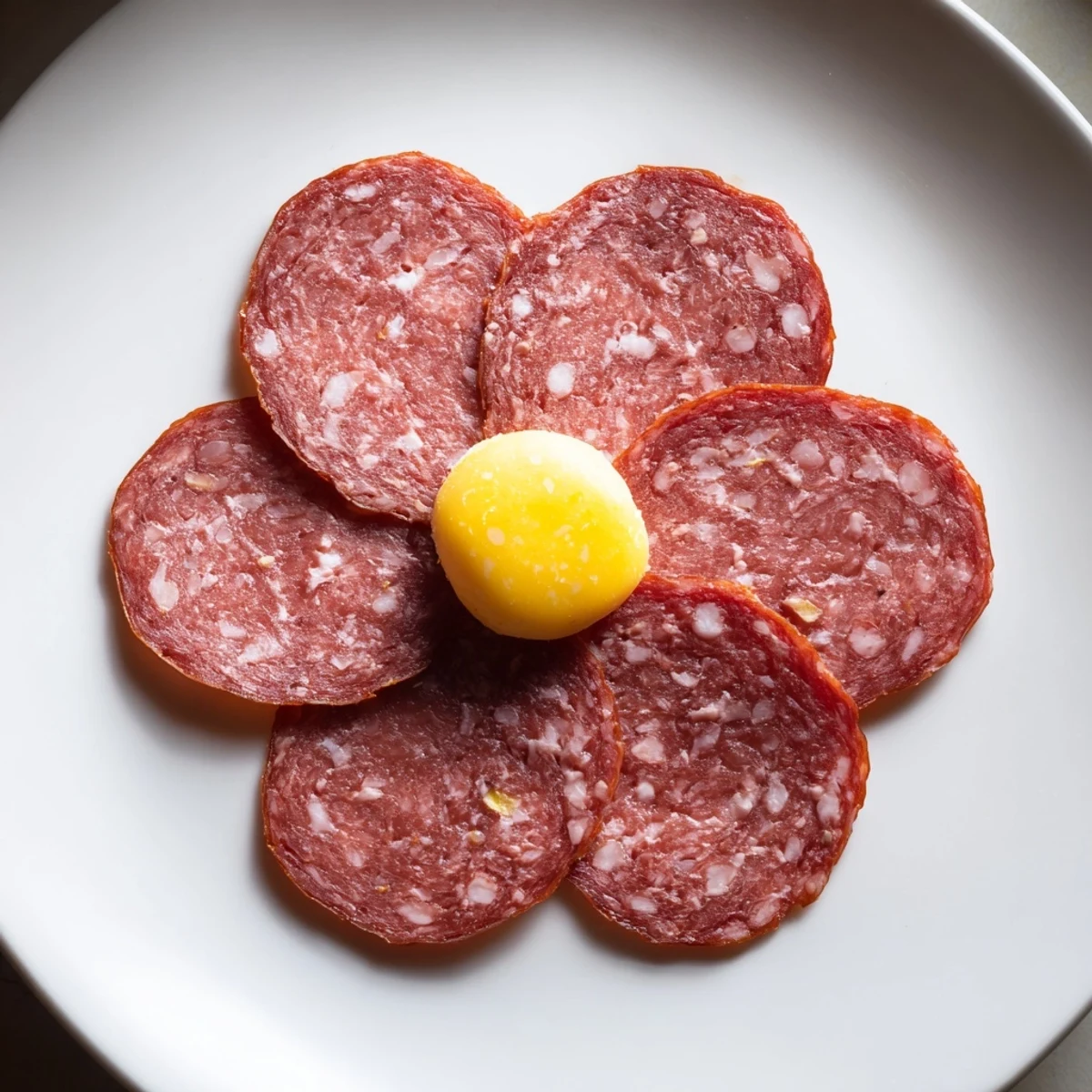 Crisp salami petals create a beautiful Tudor Rose appetizer, perfect for your next gathering with tasty cheese.