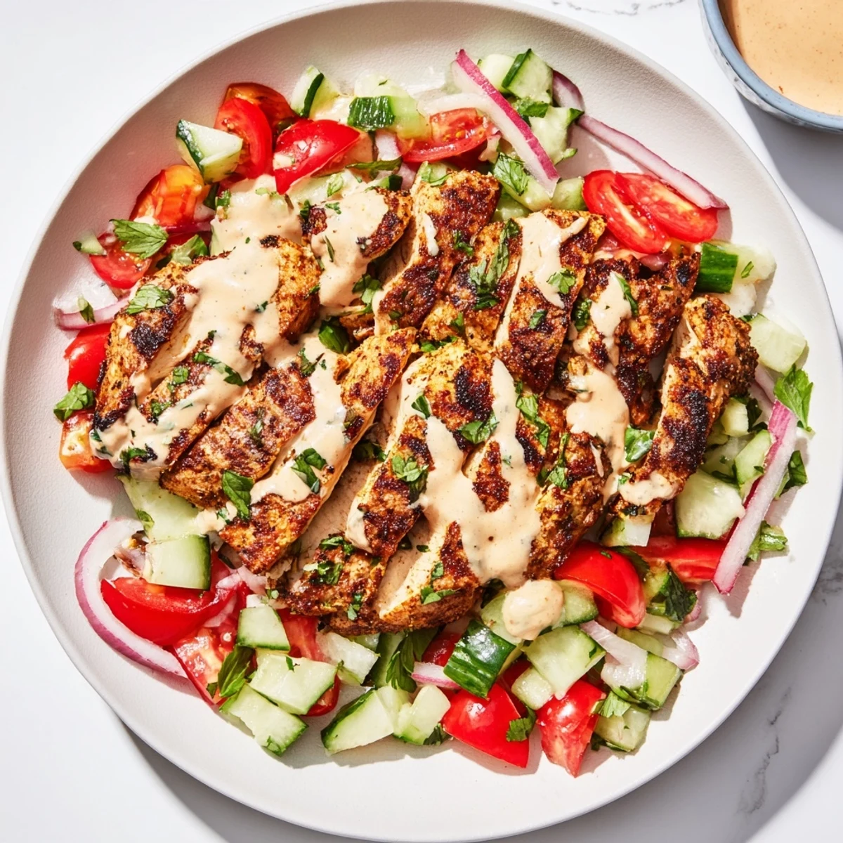 Juicy chicken shawarma salad glistening with creamy tahini dressing over a fresh, colorful salad.