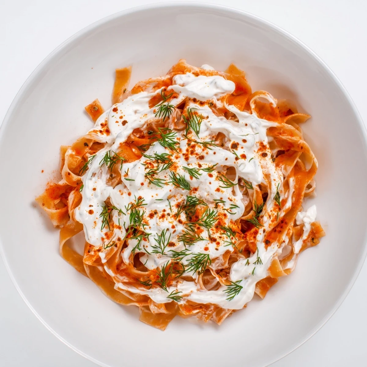 A close-up of Turkish Pasta shows perfectly cooked noodles with a rich, red chili butter drizzle.