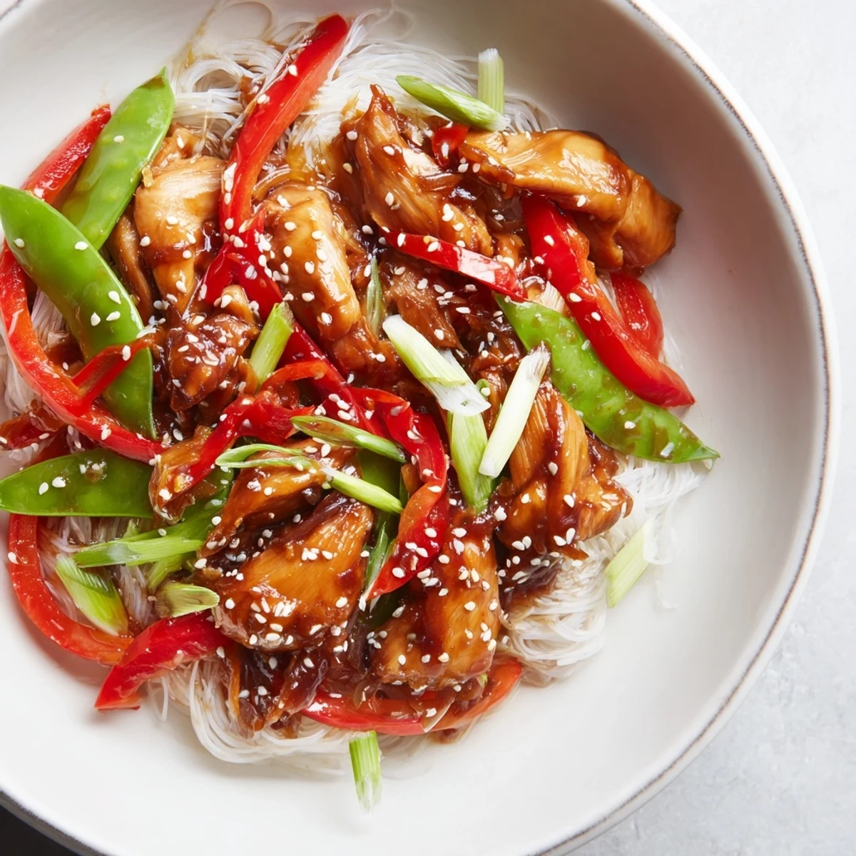 Tender Mongolian chicken stir-fry with vibrant vegetables and rice noodles glistening in rich sauce.