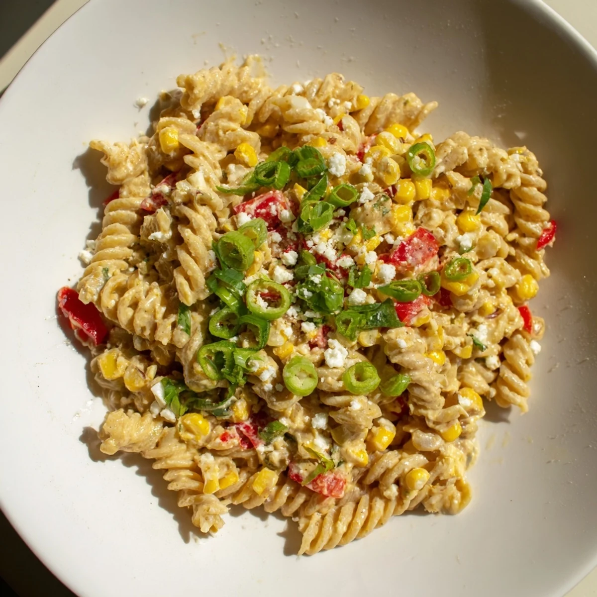 A close-up of steaming One-Pot Mexican Street Corn Pasta with fresh cilantro and lime wedges.