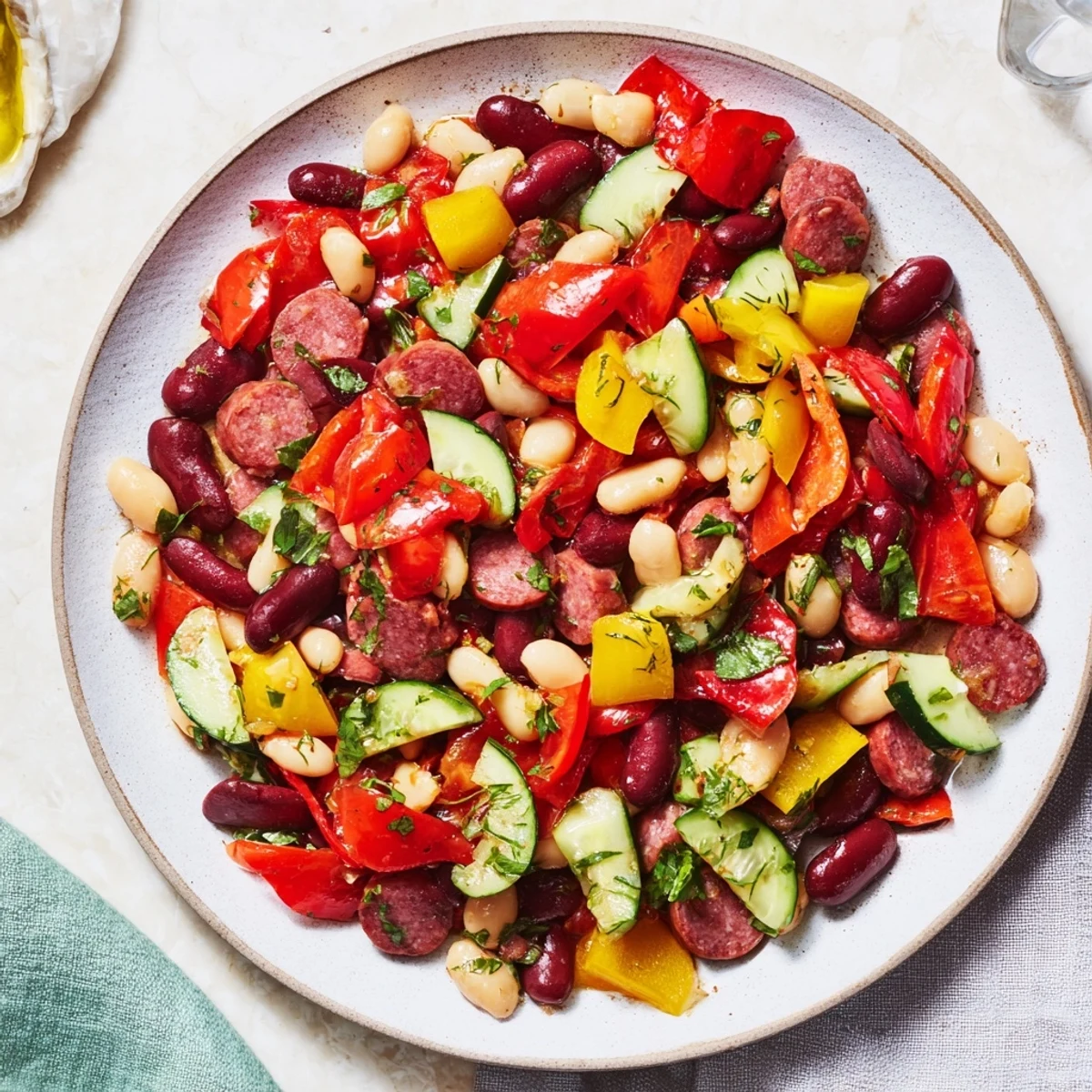 Close-up image of a Mediterranean Dense Bean Salad with salami, showing fresh ingredients.