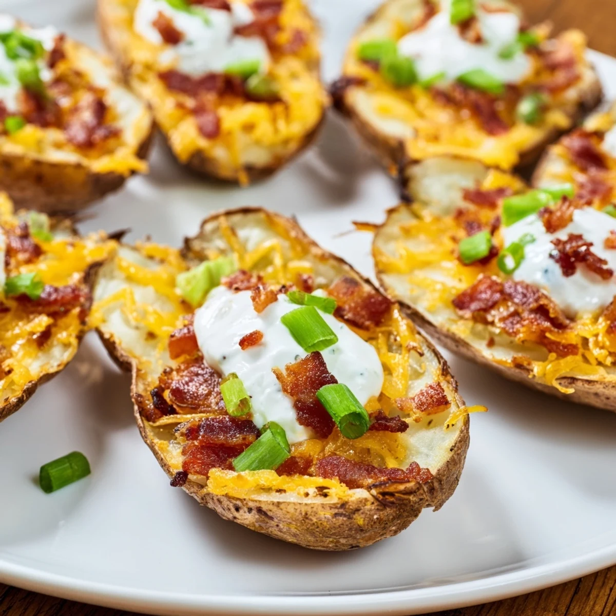 Golden-brown loaded baked potato skins topped with melted cheddar, bacon, and cool sour cream.