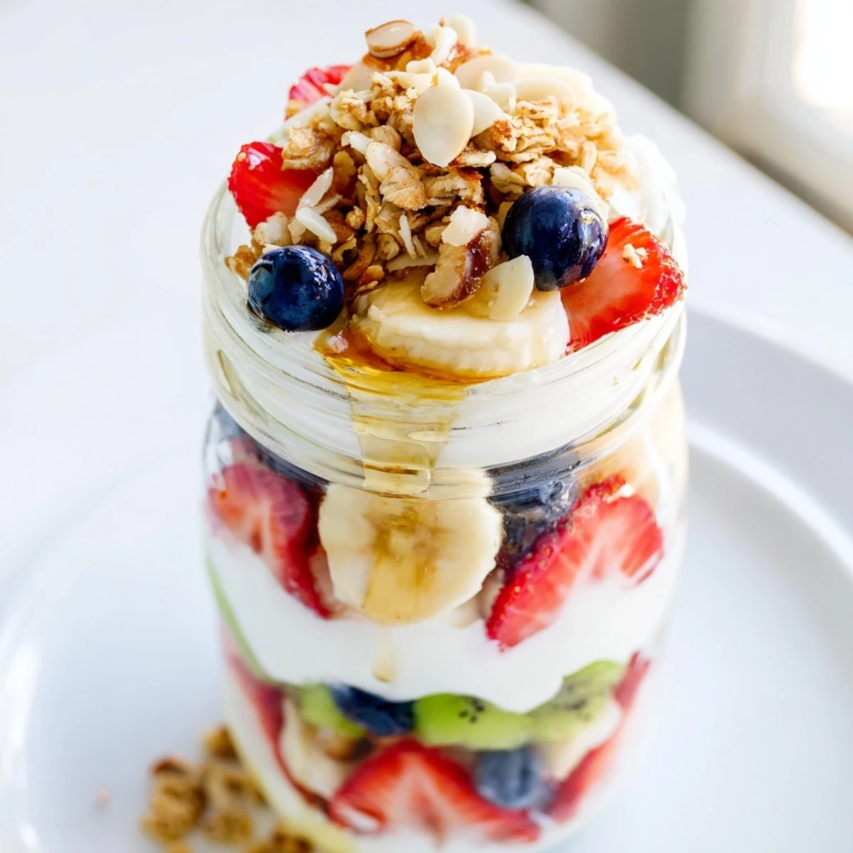 Layered Yogurt Fruit Parfait, a healthy breakfast overflowing with vibrant fresh berries and crunchy granola.