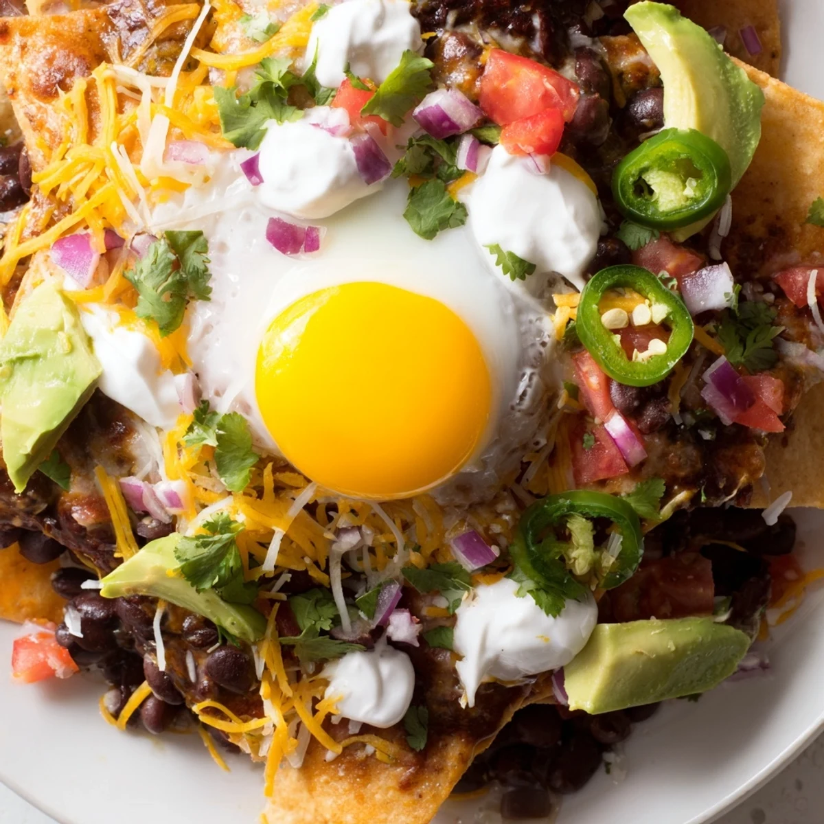 Golden, gooey Egg-Topped Breakfast Nachos topped with sunny-side-up eggs, perfect for a Tex-Mex morning.