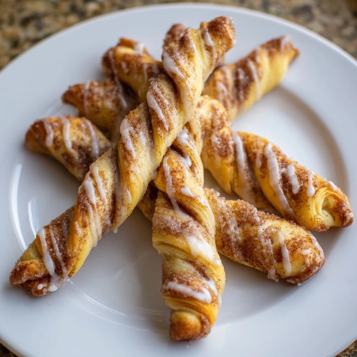 Golden-brown air-fryer cinnamon roll twists, warm and flaky on a plate, drizzled with sweet icing.