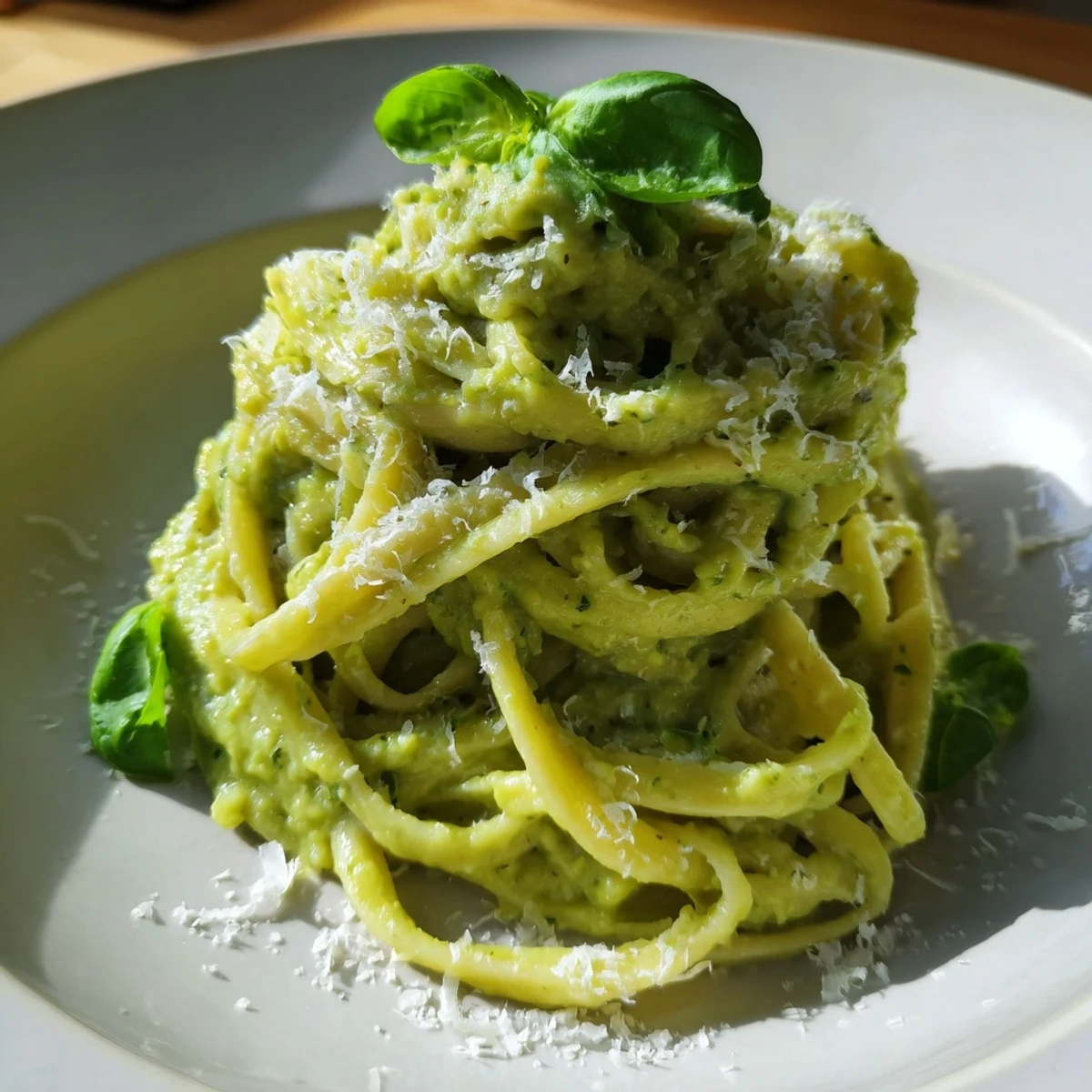 Tasting the fresh Creamy Avocado Pasta, a vibrant veggie meal with a luscious avocado and lemon flavor.