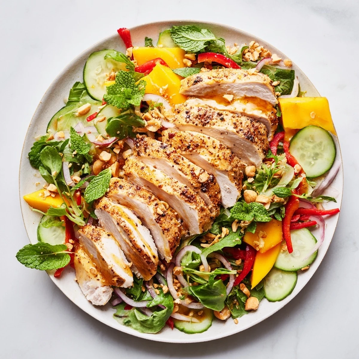 Juicy mango and grilled chicken in a vibrant Thai Mango Chicken Salad, ready to enjoy.
