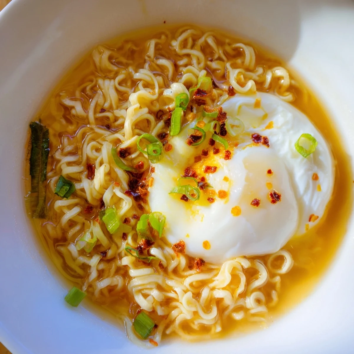 Upgrade Instant Ramen with Egg: A steaming bowl of ramen with a perfectly cooked soft-boiled egg and green onions.