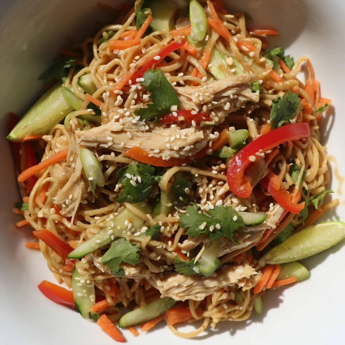 A close-up of a refreshing Chilled Chicken Noodle Salad, ready to be enjoyed on a warm day.