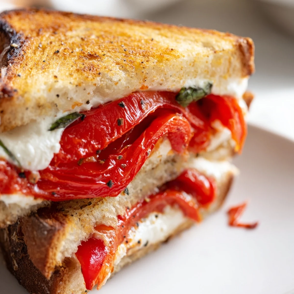 Golden brown Roasted Red Pepper Grilled Cheese, oozing melted goat cheese, ready to be devoured.