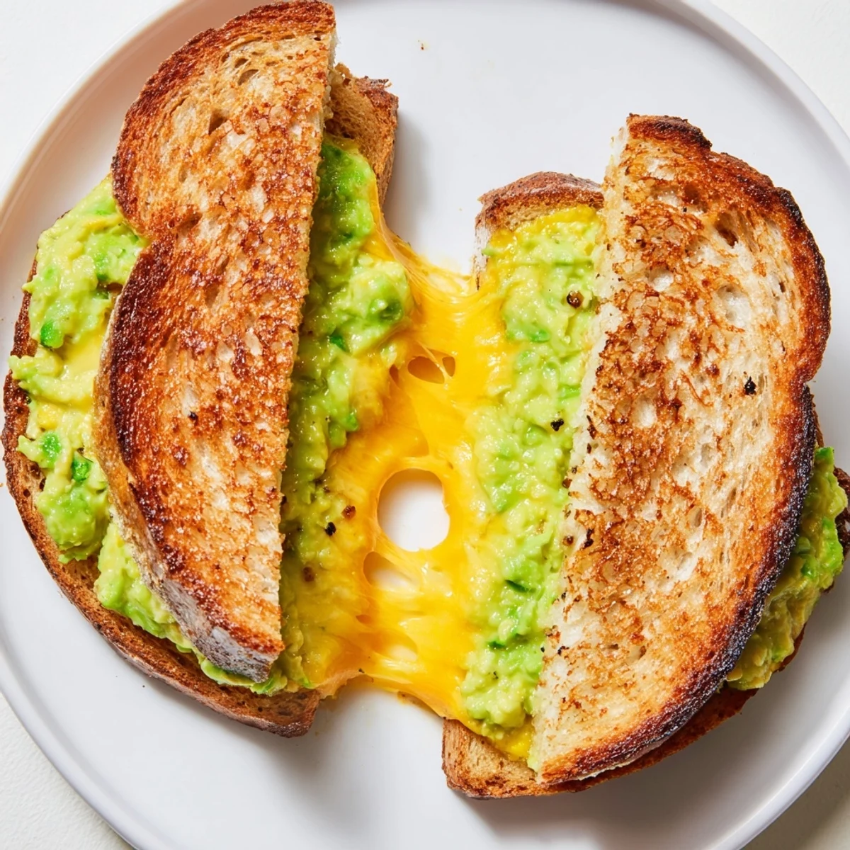 Perfectly toasted Avocado Toast Grilled Cheese, showcasing layers of creamy avocado and golden, bubbling cheese, ready to enjoy.
