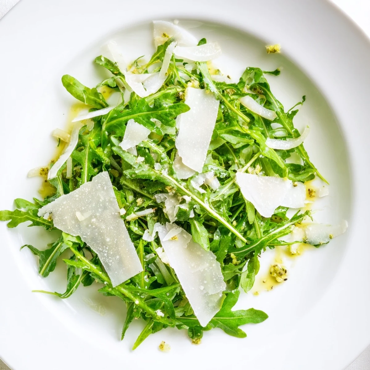 Fresh arugula salad with a bright lemon dressing, Parmesan cheese, ready to eat now.