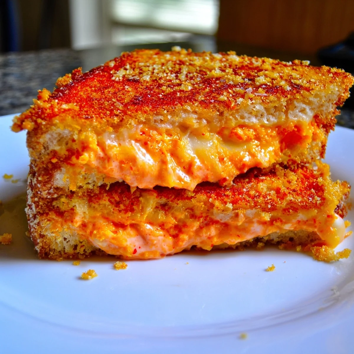 Golden, crispy Spiked Grilled Cheese with melted cheddar and spicy sriracha mayo oozing out.