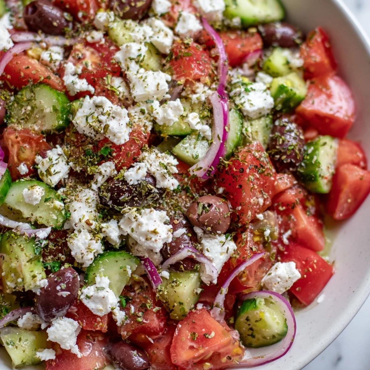 Vibrant Mediterranean Salad filled with juicy tomatoes, olives, and creamy feta, ready to enjoy.
