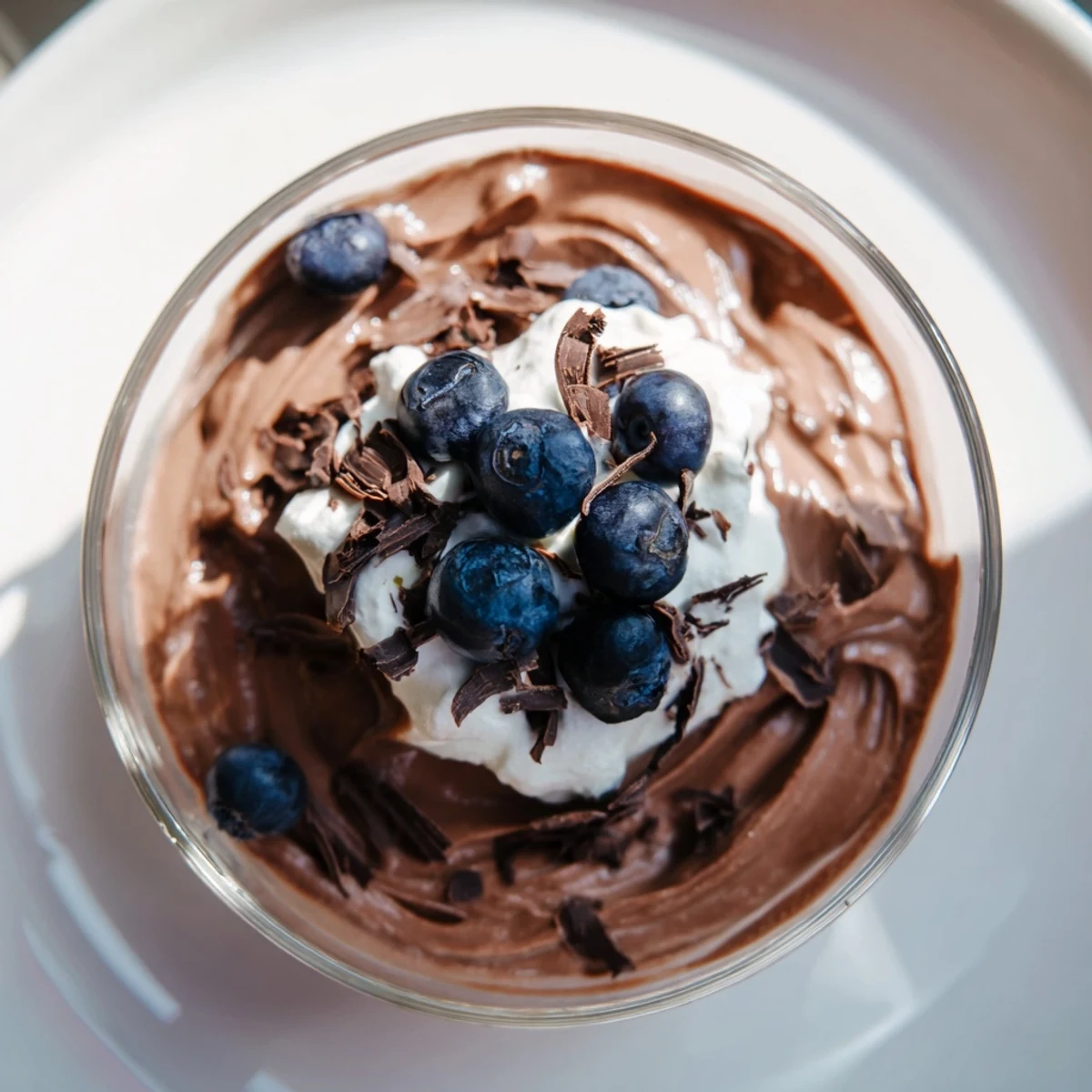 Silky avocado chocolate pudding topped with fresh berries, a decadent dairy-free dessert.