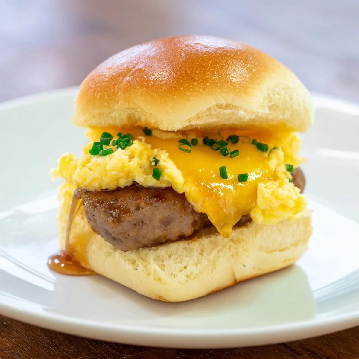 Golden, melty cheese oozes from warm Mini Breakfast Sliders filled with sausage and eggs.