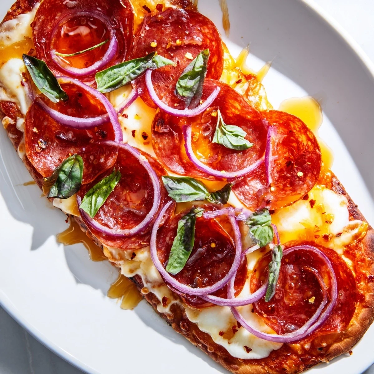 Hot Honey Pepperoni Flatbread, baked to a golden crisp, layered with spicy pepperoni and gooey cheese.