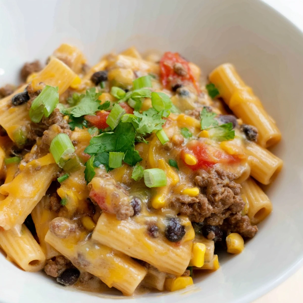A close-up of creamy Cheesy Taco Pasta, garnished with fresh cilantro for serving.