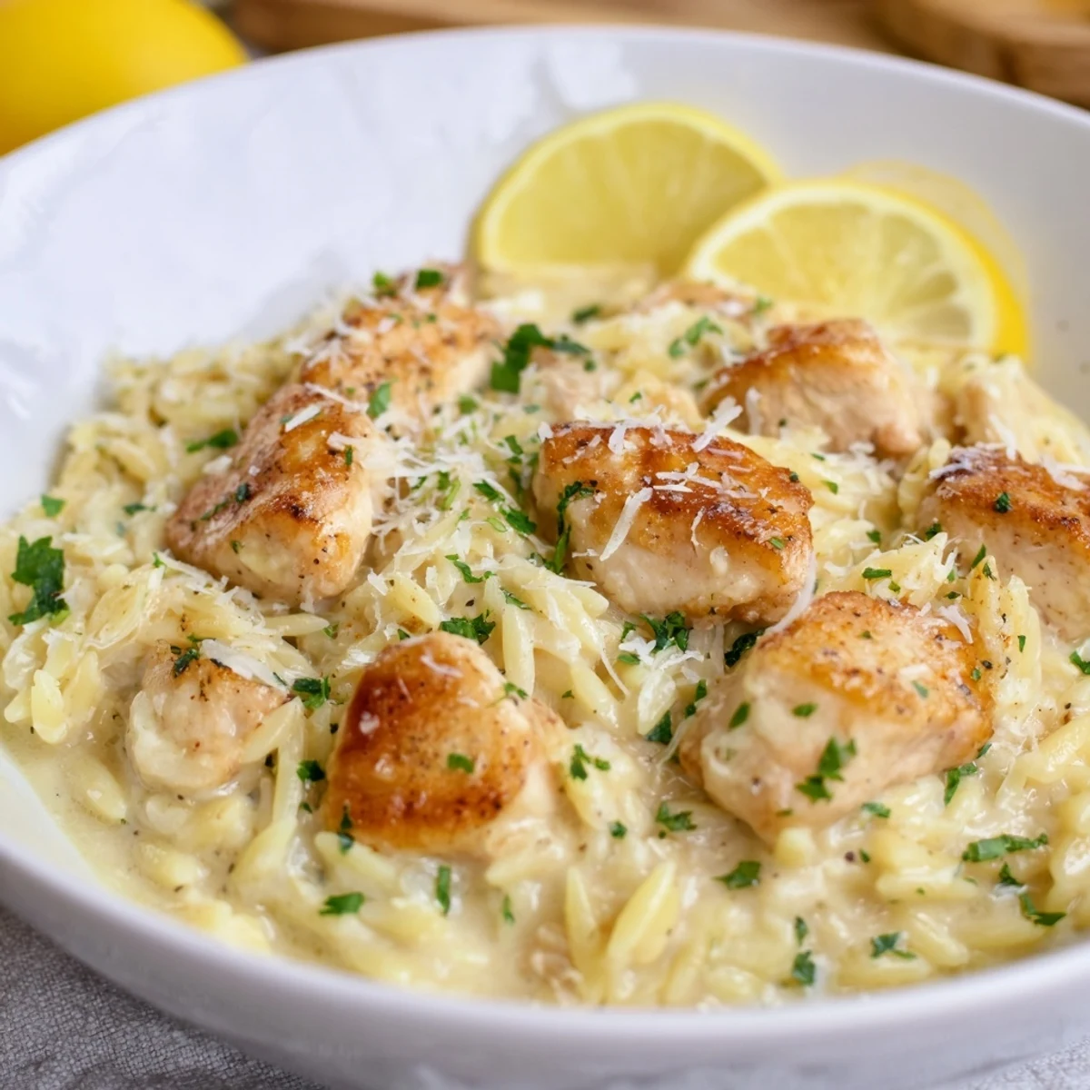 A vibrant bowl of Creamy Lemon Chicken Orzo, garnished with fresh parsley and lemon slices for a flavorful meal.