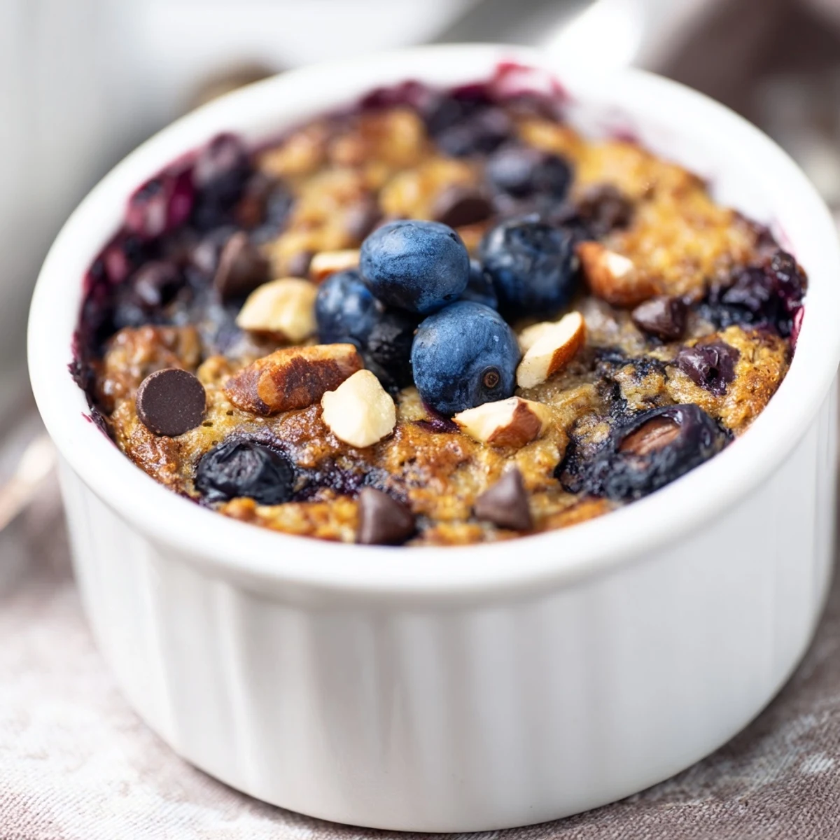 Freshly baked Blueberry Baked Oats served in a ramekin, inviting you to enjoy this delightful treat.