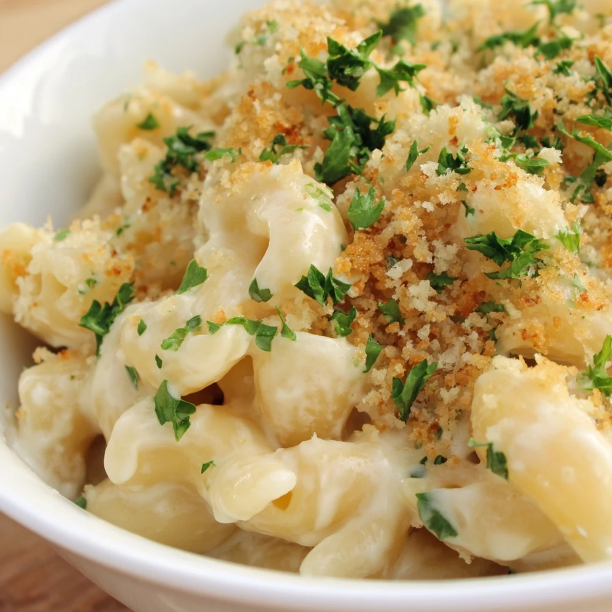 Golden-brown high-protein mac & cheese, topped with parsley, offering a savory, cheesy aroma.