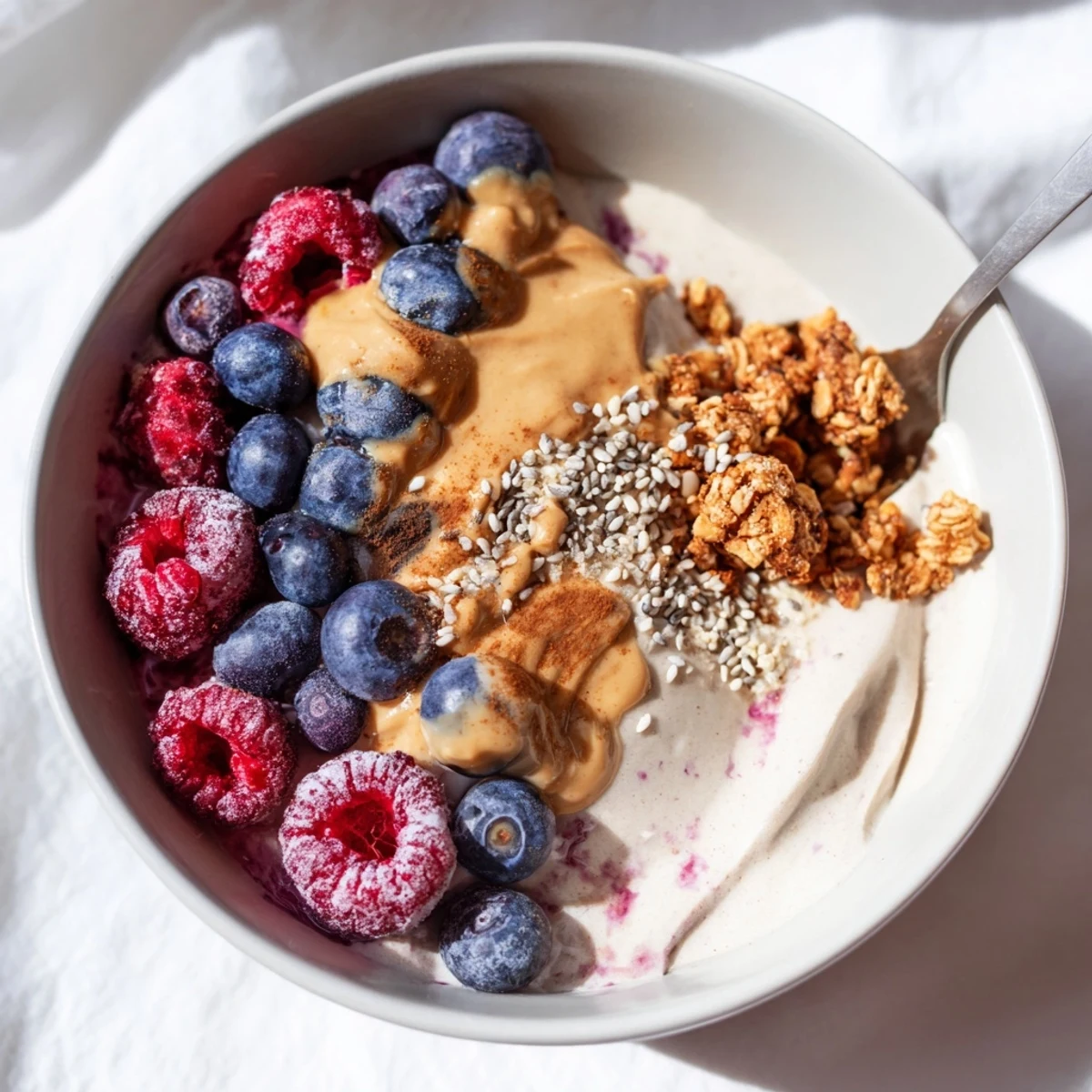 Fresh berries and crunchy granola beautifully top a homemade protein ice cream bowl creation.