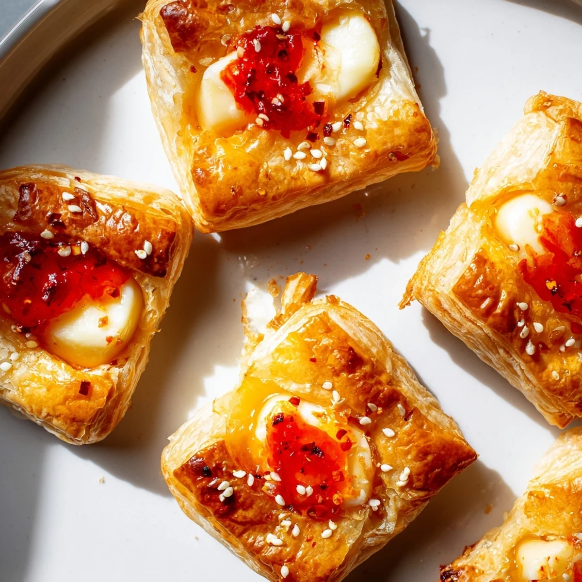 Warm, melty Brie oozing from baked Chili Crisp Honey Brie Bites, ideal for your next party appetizer.