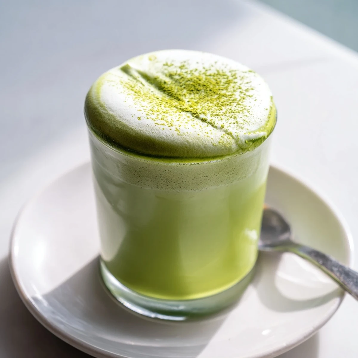 This beautiful creamy matcha latte boasts a subtly sweet flavor, swirled with delicate cold foam.